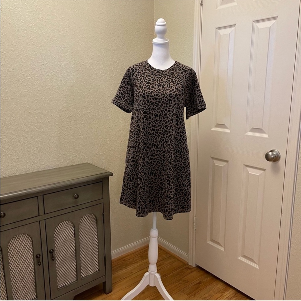 new in Brown Black Leopard Print Short Sleeve A-Line Pullover NWT Knit Dress S